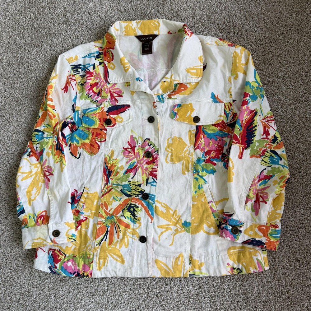 Multiples Jacket Womens M Multicolor Floral Denim Button Collared 3/4 Sleeve